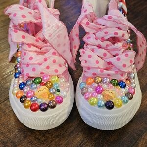 Colorful Beaded Kids Shoes with Pink Polka Dot Ribbons. Candy Sneakers